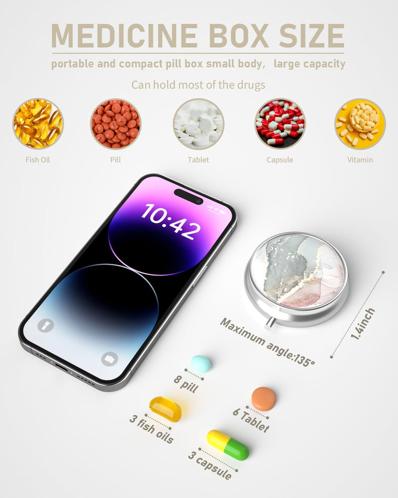 Pill Box, 3 Compartment Portable Travel Medicine Box with Mirror | Compact and Cute, Fits in Purse and Pocket, Medicine and Vitamin Organizer, Grey Pink Marble