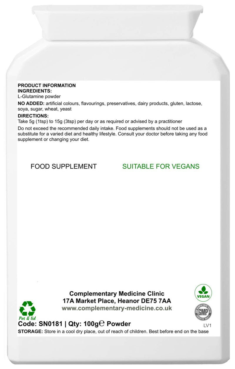 Pure L-Glutamine Amino Acid Powder - Unflavoured - Vegan - Free from Preservatives - Made in UK - 100g