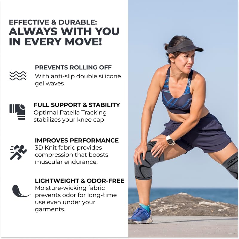 Modvel 2 Pack Knee Brace for Women & Men - Workout Knees Compression Sleeve for Knee Pain Relief Joint Support for ACL, Arthritis, Meniscus Tear Knees Brace for Sports, Rodilleras para Gym Fitness X-Large Black/Grey