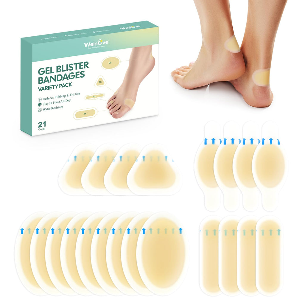 Gel Blister Bandages Hydrocolloid Bandages - Welnove 21ct Blister Cushions - Blister Bandages for Heel, Toe & Foot - Blister Pads for Prevention & Recovery - Water Resistant Bandages 21 Count Variety Pack