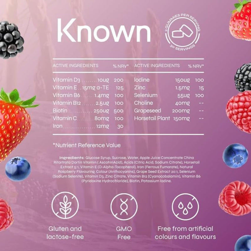 Known Postpartum Support Gummies – Mixed Berry Flavour – Vegan Multivitamin Gummy Supplement with Iron, Biotin, Choline & Vitamins – Post Pregnancy Recovery & Energy – 1 Month Supply – for Women