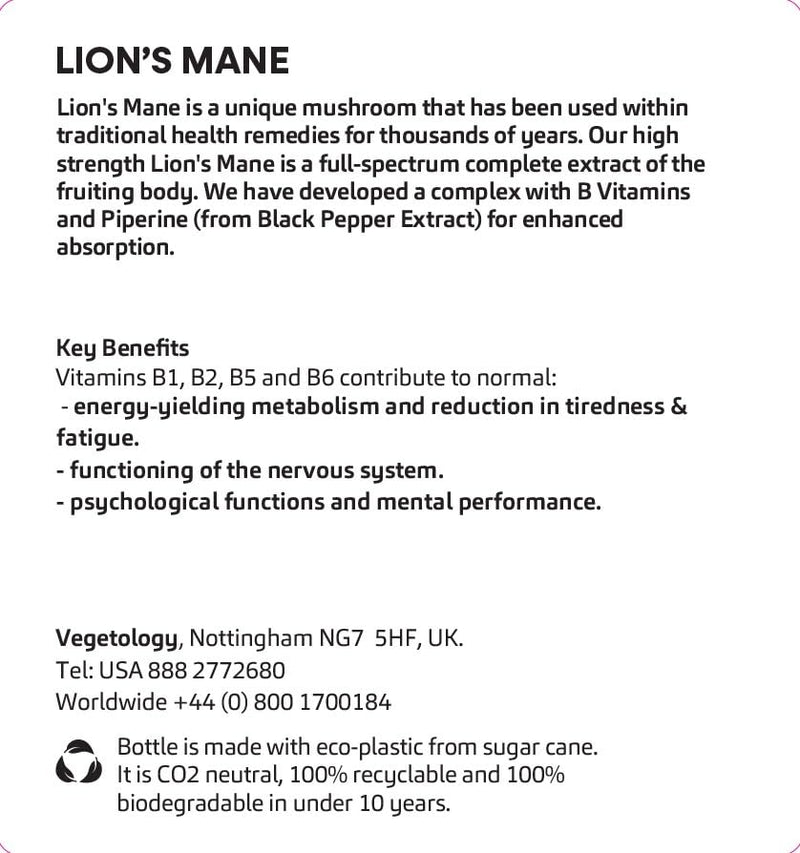 Lions Mane Supplement, 2000mg High Strength Mushroom Complex with B Vitamins and Black Pepper, Supports Mental Clarity, Energy & Nervous System, 60 Vegan Capsules, Age 11+