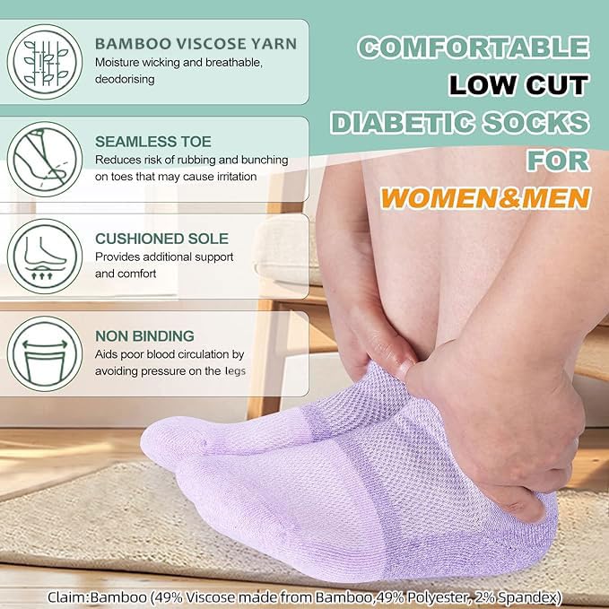 [Australia] - Diabetic Socks for Women&Men-6 Pairs Bamboo Viscose Non Binding Diabetic Ankle Low Cut Sock Size 6-9 9-11 Medium Purple/Green/Orange Red/Pale Purple/Black/White 