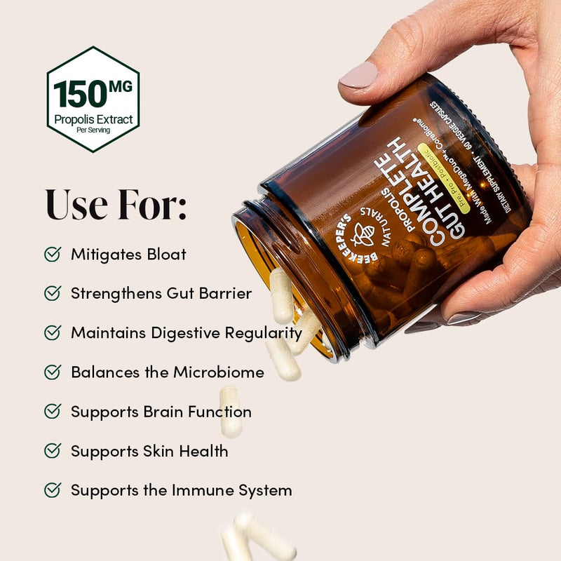[Australia] - Beekeeper's Naturals Complete Gut Health, 3-in-1 Prebiotic, Postbiotic, Probiotics for Digestive Health & Bloating Relief for Women & Men, Propolis Powered, Gluten-Free Vegan Capsules, 60ct 60 Count (Pack of 1) 
