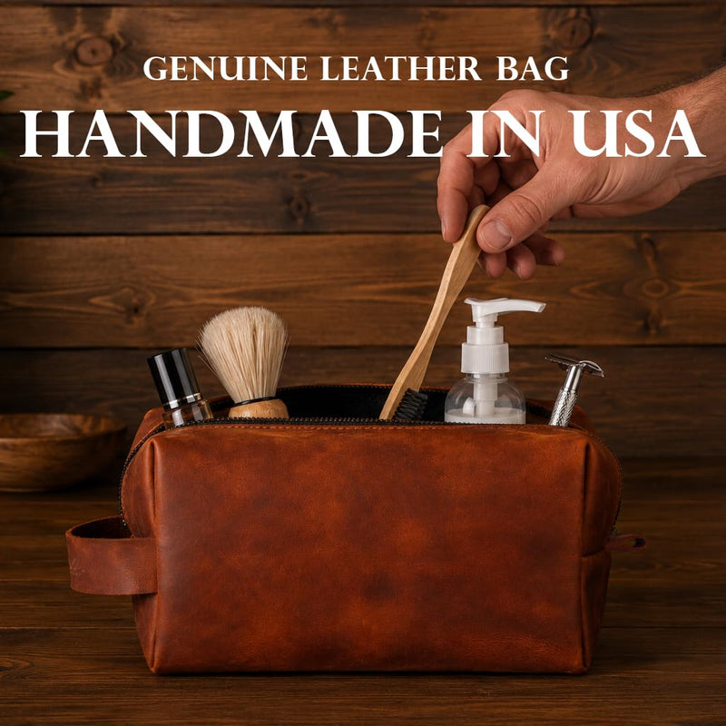 Full Grain Leather Toiletry Bag for Men – Handmade in USA – Waterproof Dopp Kit for Shaving Kit, Travel, Gym – Real Leather Serves as Gift for Dad, Husband, Boyfriend, Friend, Groomsmen