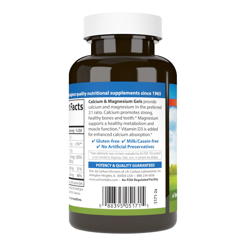 Carlson Calcium & Magnesium Gels, 200 mg Calcium Supplement, 100 Softgels | 2:1 Calcium to Magnesium Ratio; 100 mg Magnesium Supplement; Bone Support; Energy Production 100 Count (Pack of 1)