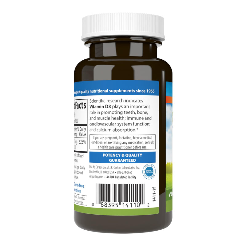 Carlson Vitamin D3 5000 IU (125 mcg), Bone Health, 120 Softgels | Muscle Health; Cholecalciferol; Vitamin D Supplements; Vitamin D3 Soft Gels 120 Count (Pack of 1)