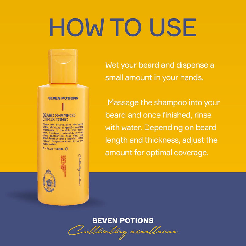 [Australia] - Seven Potions Beard Shampoo for Men - Gentle, cleansing beard cleansing for a clean beard without itching - natural, vegan, not tested on animals - Citrus Tonic (100 ml) 100 ml (pack of 1) 