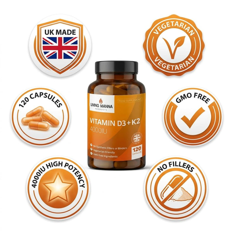 Vitamin D3 4000 IU + K2 MK‑7 100mcg High Strength | 120 Vegetarian Capsules | Bone, Immune & Heart Support | Pure D3 & K2 | UK Made – Living Manna 120 count (Pack of 1)