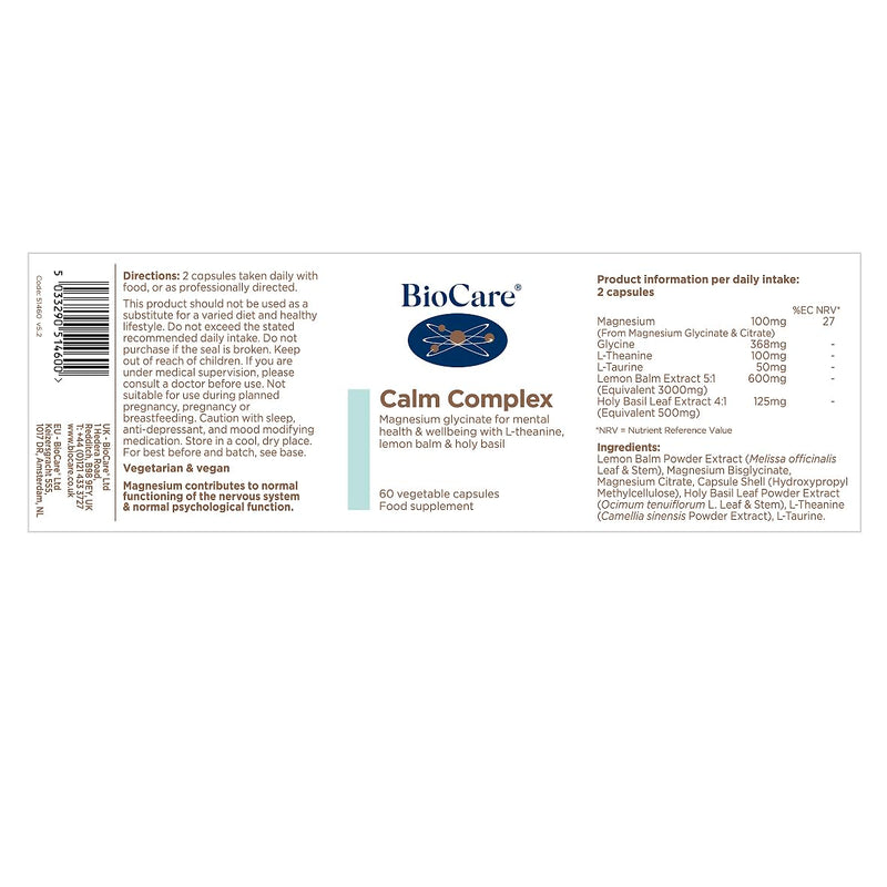 BioCare Calm Complex - Magnesium Glycinate with Lemon Balm, L-Theanine & Holy Basil for Nervous System & Fatigue Support - 60 Capsules