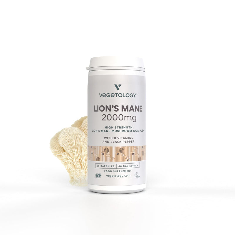 Lions Mane Supplement, 2000mg High Strength Mushroom Complex with B Vitamins and Black Pepper, Supports Mental Clarity, Energy & Nervous System, 60 Vegan Capsules, Age 11+