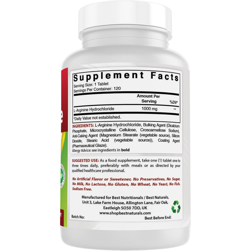 Best Naturals L-Arginine 1000 mg 120 Tablets - Pharmaceutical Grade - (2 Bottles)