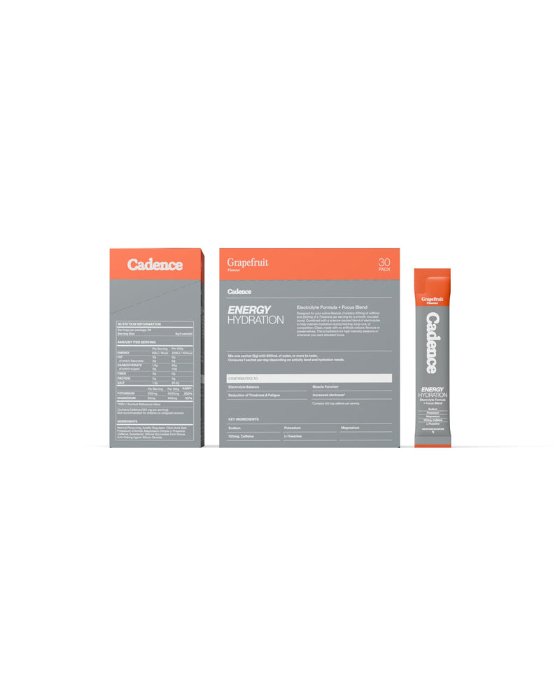 Cadence Energy Electrolyte Hydration Sachets - Training & Performance Electrolyte Powder - Caffeine & L-Theanine - Workout Energy, Endurance & Rehydration - Vegan, Keto - Grapefruit - 30 Sachets
