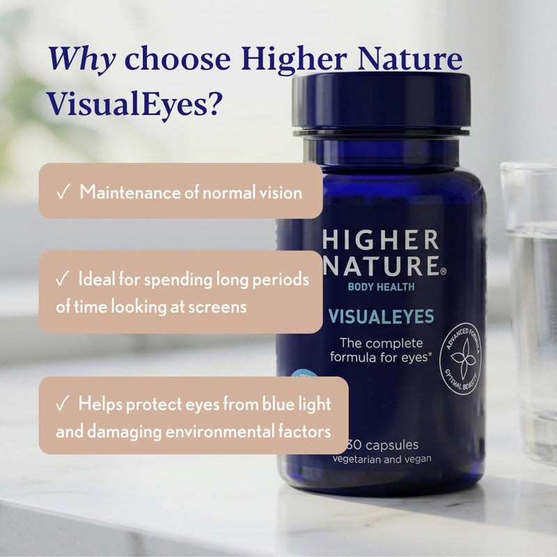 Higher Nature - VisualEyes - Supports Vision - Lutein, Zeaxanthin, Bilberry & Essential Vitamins - 10 Active Ingredients - Vegan - 30 Capsules Unflavoured 30 count (Pack of 1)
