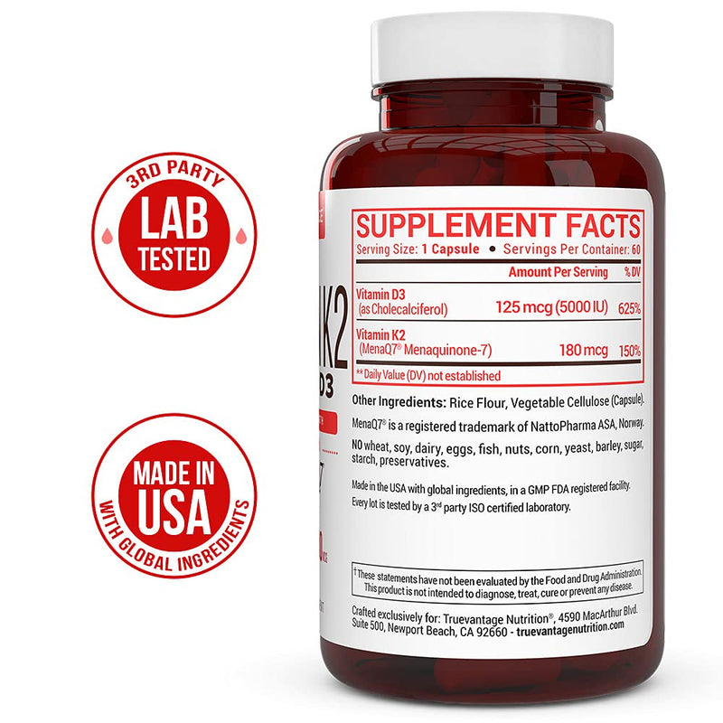 TrueVantage Vitamin K2 MK-7 180 mcg + D3 5000 IU-60 Servings | Supports Bone & Cardiovascular Health, MenaQ7, Vegetable Capsules