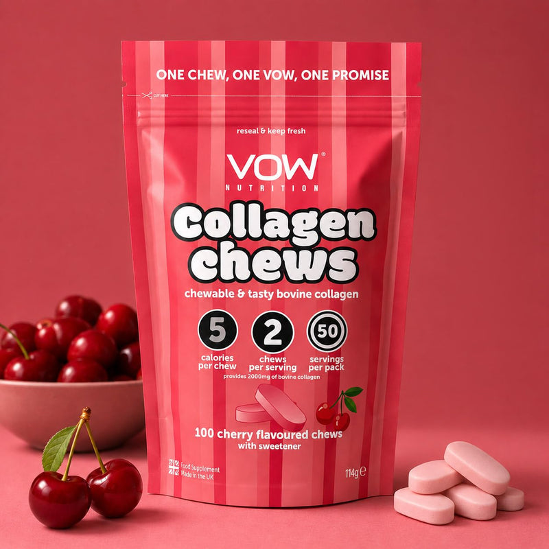 VOW Nutrition Collagen Chews, Bovine Collagen Supplement, 100 Chews, Cherry and Tropical Flavours, 1000mg per Serving, Joint and Skin Health Support (Cherry)