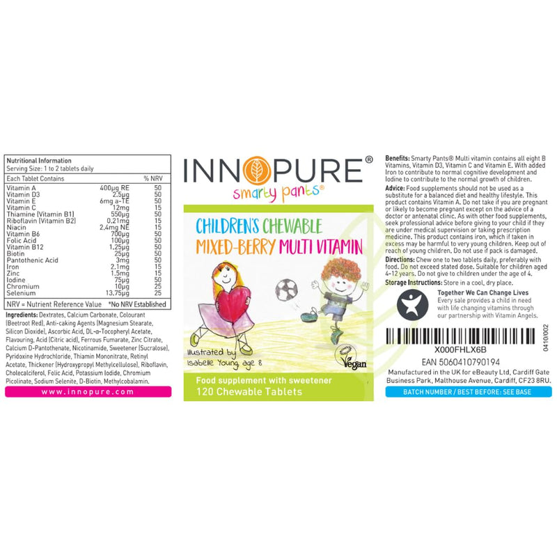 SmartyPants® 120 Vegan Chewable Kids Multivitamin Tablets - All B Vitamins, Vitamins D, C and E- Childrens Multivitamins with Iron to Contribute to the Normal Growth of Children - UK Made