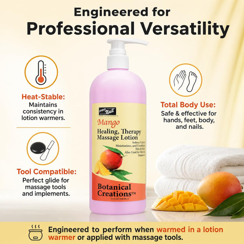 PRO NAIL - Healing Therapy Massage Lotion - Professional Pedicure, Body and Hot Oil Manicure, Infused with Natural Oils, Vitamins, Panthenol and Amino Acids (Mango, 32 Ounce) Mango 32 Fl Oz (Pack of 1)
