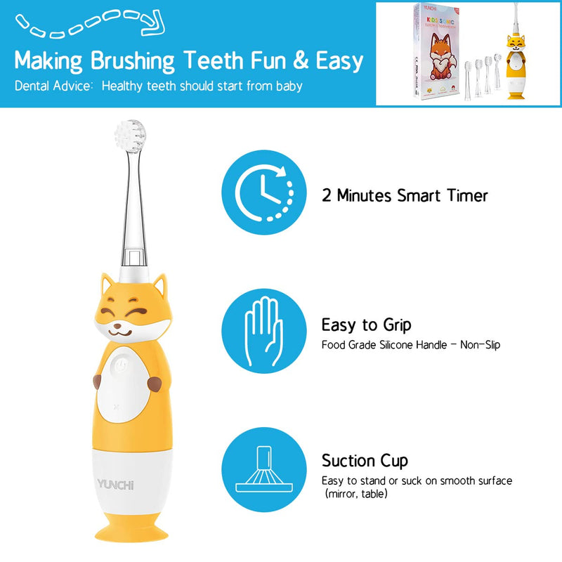 [Australia] - YUNCHI Toddler Electric Toothbrush Age 0-4 Years, Sonic with LED Timer - 4 Heads, BPA Free Yellow 