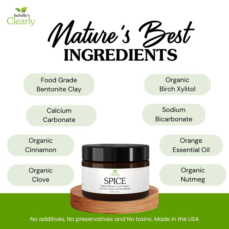 [Australia] - Isabella’s Clearly Spice Remineralizing Tooth Powder | Teeth Whitening Natural Toothpaste Fluoride Free for Adults, Kids, Sensitive Teeth & Gums | Xylitol, Baking Soda, Clay, Calcium, Cinnamon, Clove 