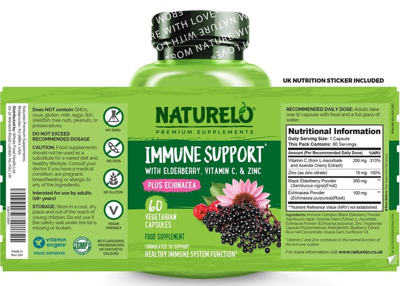 NATURELO Immune Support – Vitamin C, Elderberry, Zinc – Best Natural Vitamin C Boost with Antioxidant, Herbal & Mineral Defense - 60 Vegan Capsules | 2 Month Supply