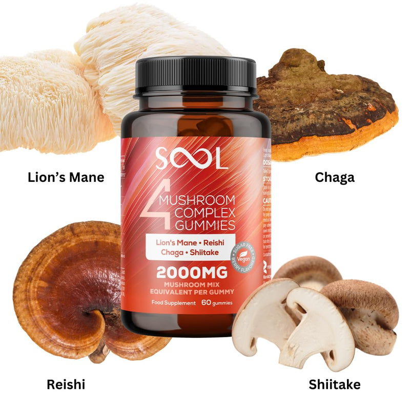 SOOL 4 Mushroom Complex Gummies 2000mg, 60pcs, Berry Flavour: Chaga, Reishi, Shiitake, Lions Mane Supplement | Nootropics Gummies High Strength | Memory & Focus, Energy, Immunity Booster Supplement 60 count (Pack of 1)