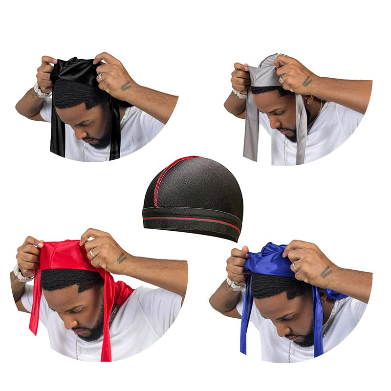 [Australia] - 4PCS Silky Durags for Men Women 360 Waves with 1 Wave Cap, Silky Satin Durag Extra Long Tails Black Blue Gray Red 