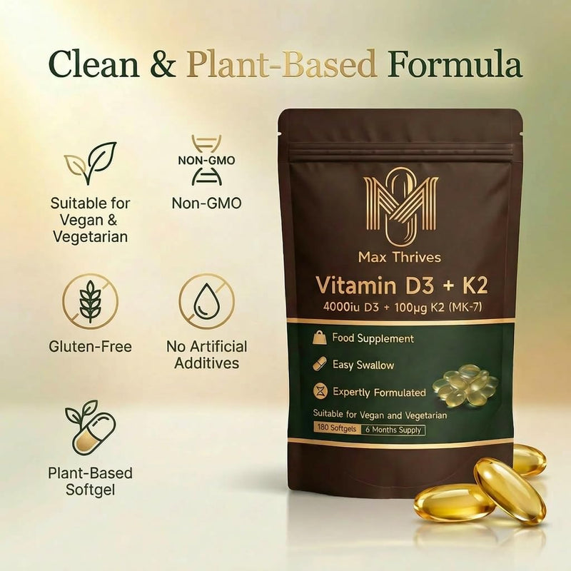 Vegan Vitamin D3 K2 Softgels 4000IU, 6 Months Supply, Olive Oil Based Lichen Sourced D3 and K2 Vitamin Complex, High Strength Vitamin D with K2, D3 Vitamin Supplements, 180 Count - Max Thrives