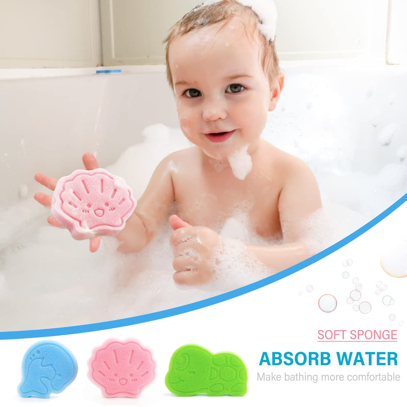 [Australia] - Baby Bath Sponge, Natural Cute Shapes Soft Shower Sponges for Bathing, Bathtub Foam for Infants and Toddler, 3pcs : Blue Dolphin, Pink Shell, Green Turtle 