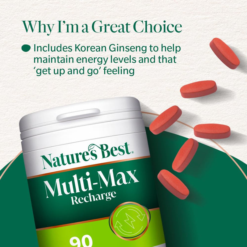 Nature's Best Multi-Max Recharge Multivitamin - with Vitamin B, C and Zinc - Energy & Immune Support - UK Made - 90 Tablets (1 Month's Supply)