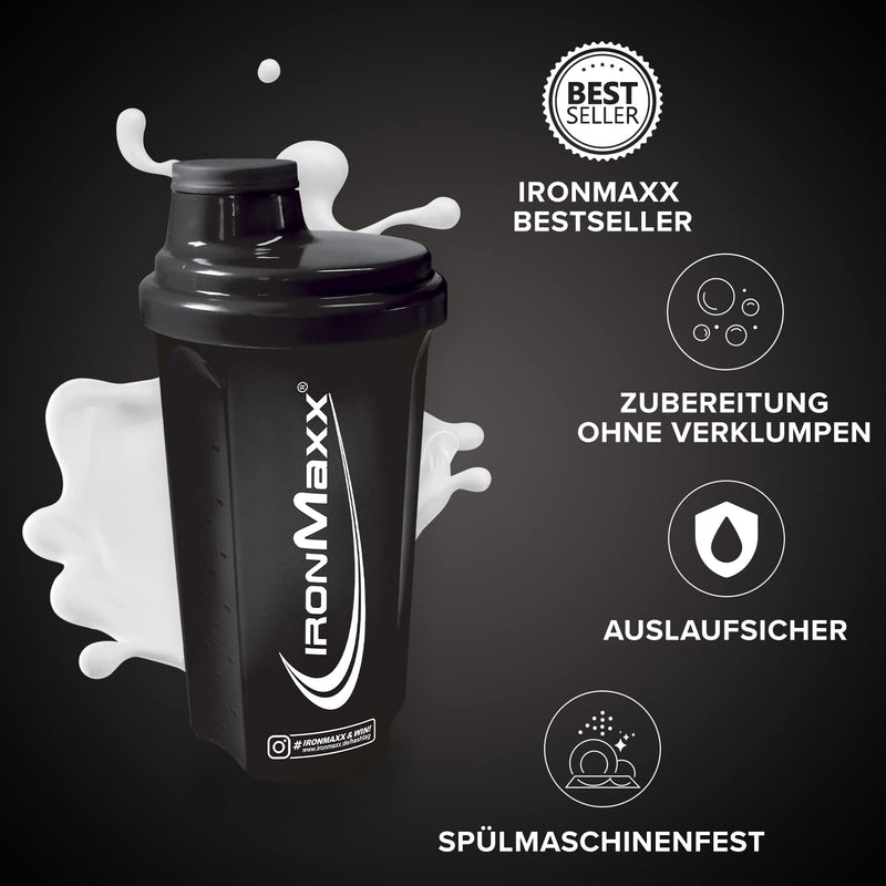 [Australia] - IronMaxx Protein Shaker - Black 700ml | Protein shaker with screw cap, sieve & measuring scale | Leak-proof, dishwasher-safe & free of plasticizers BPA & DEHP 