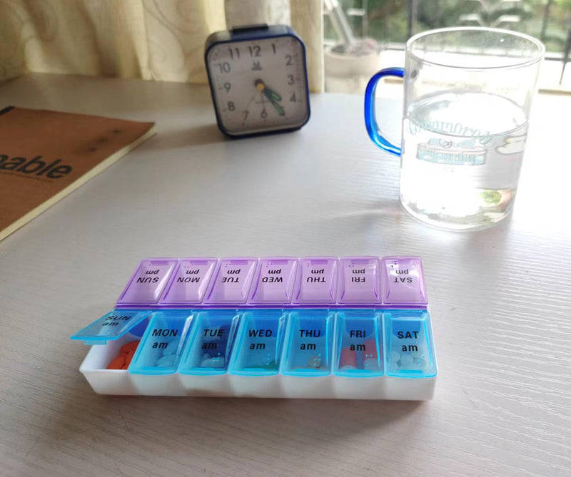 Weekly (14-Day) AM/PM Pill Organizer, 2 Times a Day Pill Case and Planner, Portable Vitamin Containers, Medicine Pill Box(Blue-Purple) Blue-purple