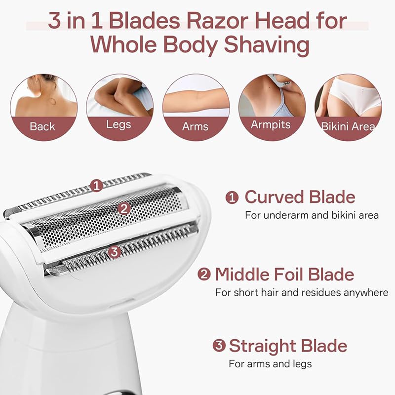 [Australia] - Bikini Trimmer for Women, 5 in 1 Electric Razors for Women - Rechargeable Electric Shaver - IPX7 Waterproof Bikini Trimmer for Underarm Leg Arm Body White 
