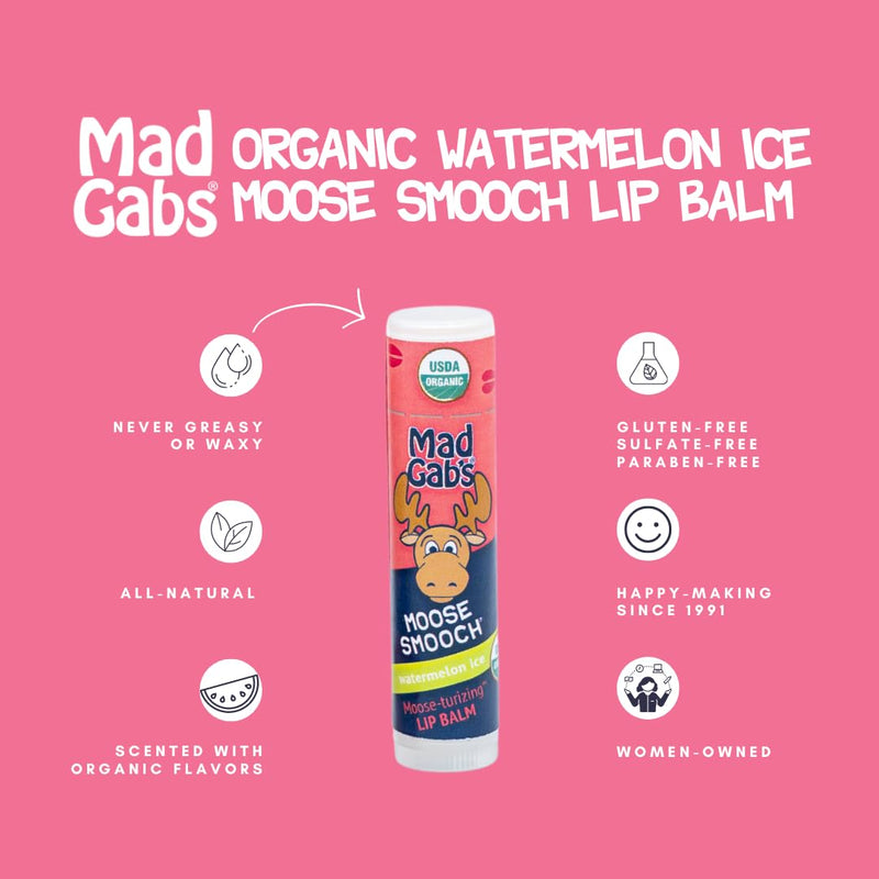 Mad Gab's Moose Smooch Lip Balm | Moisturizing and Certified Organic | Made with Organic Olive Oil and Beeswax (Watermelon Ice) Watermelon Ice