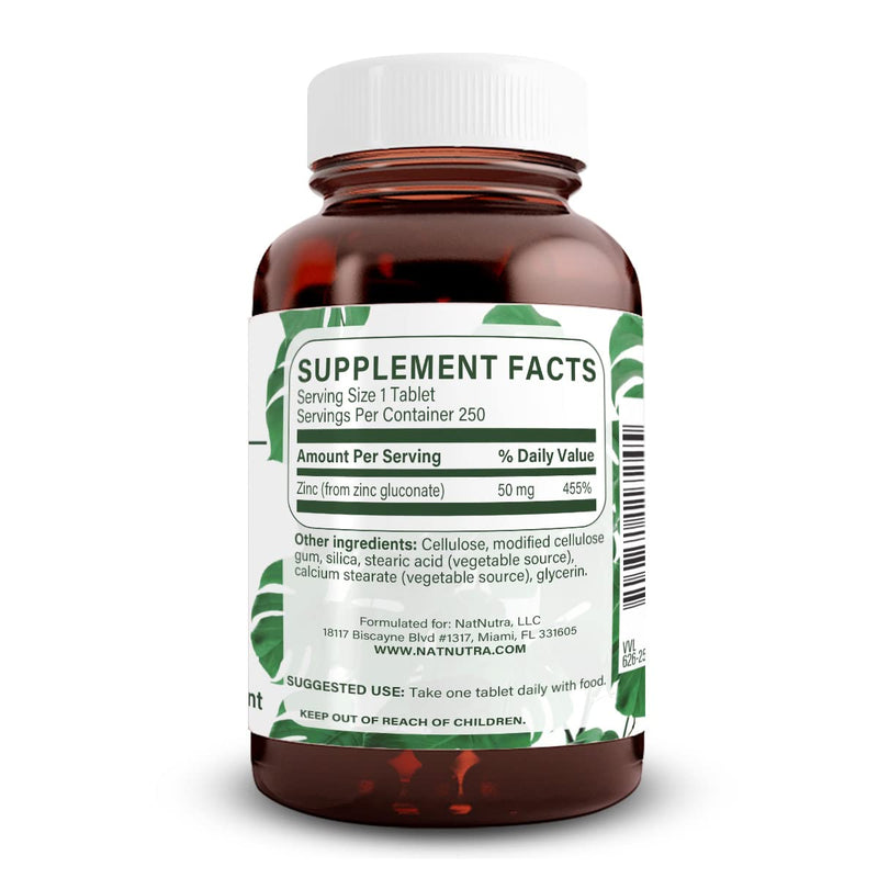 Natural Nutra Zinc Gluconate 50mg Supplement for Immune Support, Promotes Skin Health, Enhance Taste & Smell, Provides Ease from Cold & Flu, Boost Learning & Memory, Gluten Free 50mg 250 Vegan Tablets 250 Count (Pack of 1)