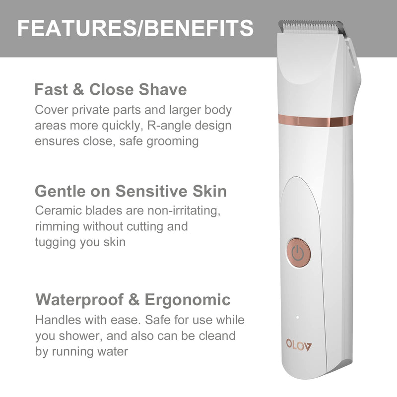[Australia] - OLOV Electric Body Hair Trimmer - Groin Trimmer for Men - Bikini Trimmer Women - Wet/Dry Shaver Groomer, Replaceable Ceramic Blade Heads, USB Recharge Dock, Waterproof Hygiene Razor, White Rose Gold ＆ White 