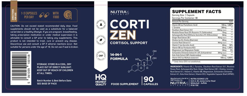 CortiZen High Strength 14 in 1 Cortisol Reducing Supplements - 3 Month Supply Cortisol Support with Rhodiola Rosea, Ashwagandha 90 Vegan Capsules