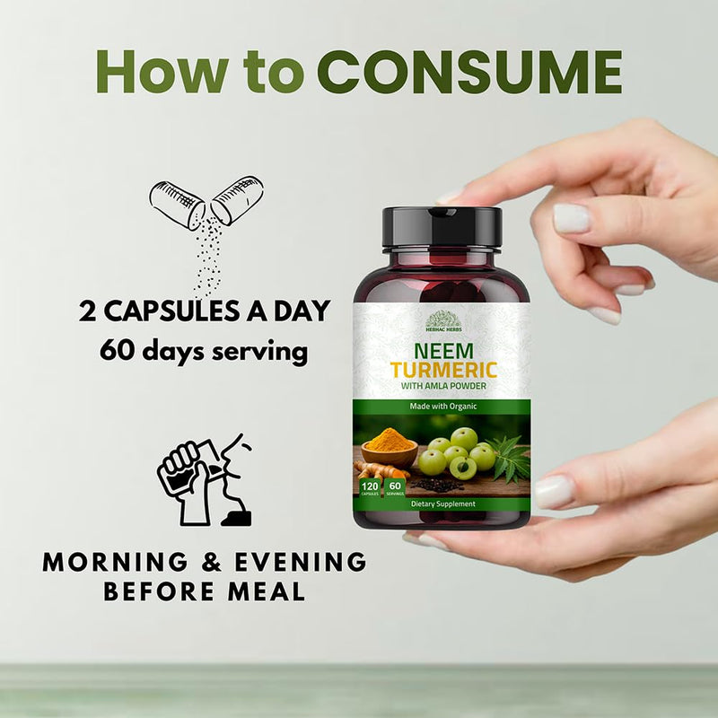 [Australia] - Neem Turmeric Capsules with Amla and Black Pepper 120 Veg Capsule | Made with Organic Neem, Turmeric and Amla | 60 Days Supply 120 Count (Pack of 1) 