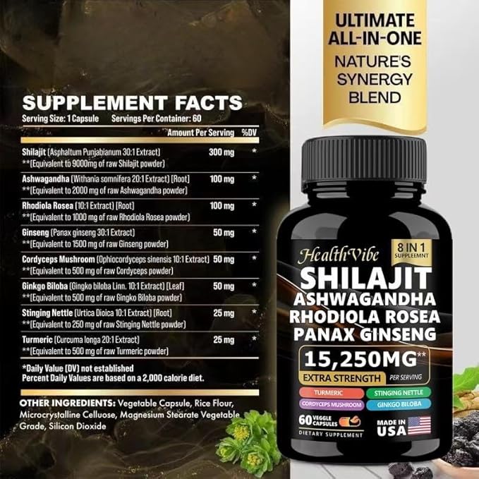 [Australia] - Shilajit 9000 Panax Ginseng 1500MG Ashwagandha 2000MG Rhodiola Rosea 1000MG, Turmeric 500MG, Gingko Biloba 500MG, Stinging Nettle 250MG, Cordyceps Mushroom 500MG (60 Caps) 60 Count (Pack of 1) 