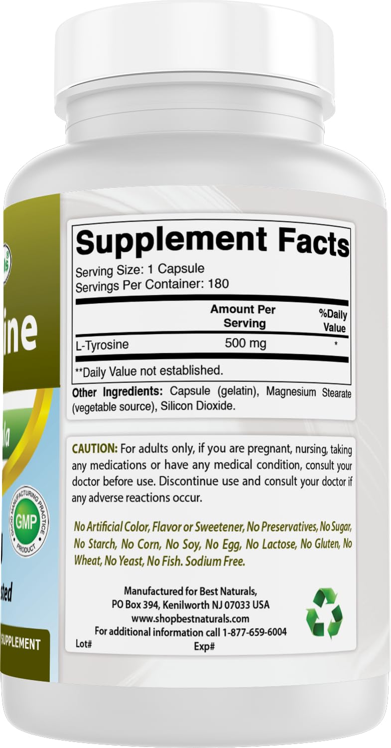 [Australia] - Best Naturals L-Tyrosine 500 Mg 180 Capsules - Supports Mental Alertness, Energy, Focus, Healthy Glandular Function and Balance 180 Count (Pack of 1) 