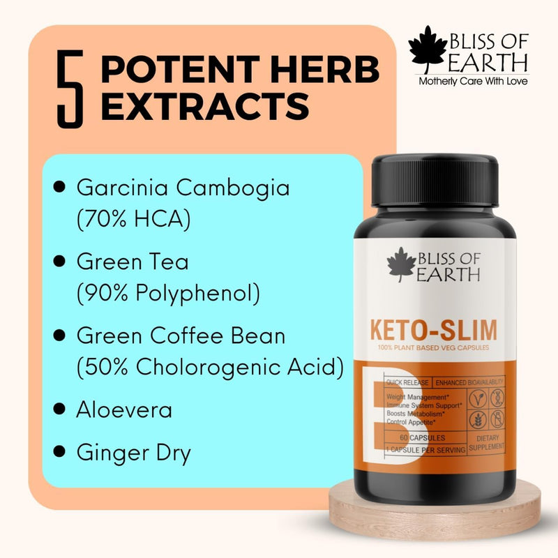 Bliss of Earth Keto Slim Weight Management Pills, Keto Diet Safe, Natural Fat Burner, Appetite Suppressant, Non-GMO, Gluten Free, 60 Veg Capsules