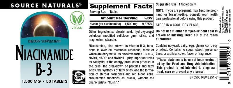Source Naturals Niacinamide B-3, Vegan Vitamin B-3, 1500 mg - 100 Tablets