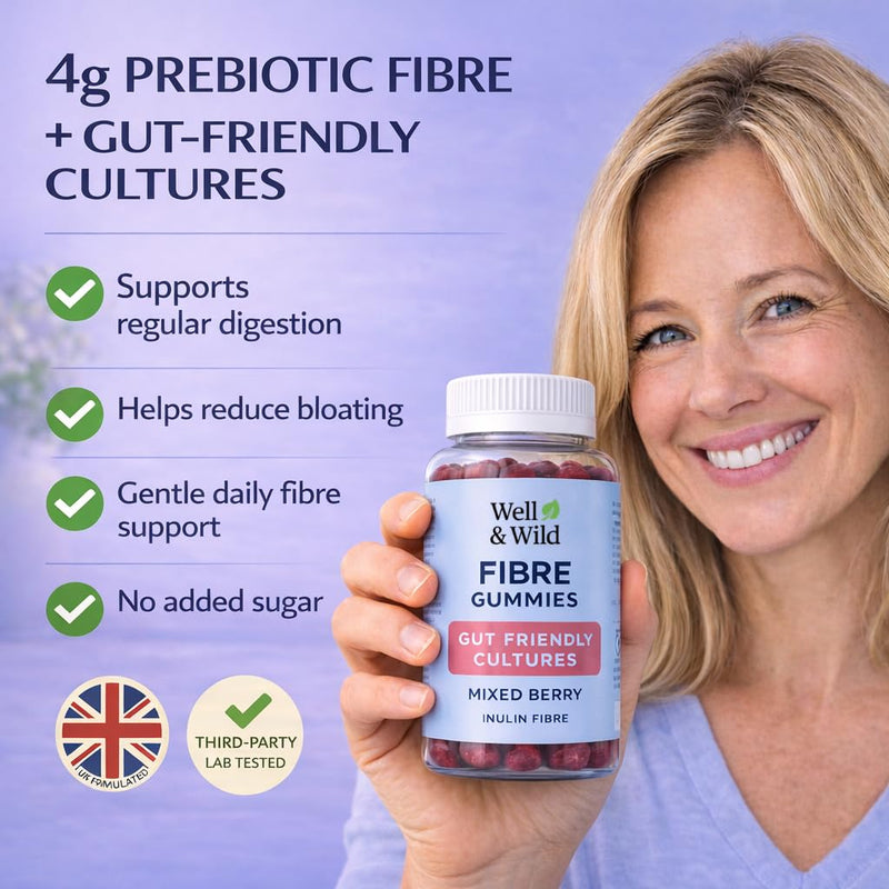 Well & Wild Prebiotic Fibre Gummies – 4g Inulin + Live Cultures – Vegan Gut Health & Digestive Support – Sugar Free – Mixed Berry – 60 Fiber Gummies (30 Day Supply)