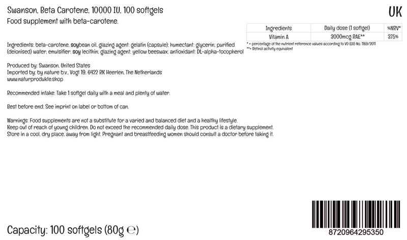 [Australia] - Swanson Beta Carotene (beta-carotene), 10,000 IU, 3,000 mcg, high dose, 100 soft capsules, laboratory tested, gluten-free, non-GMO 