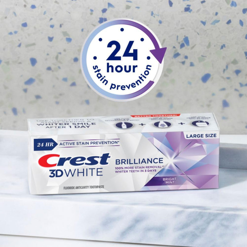 [Australia] - Crest 3D White Brilliance Bright Mint Teeth Whitening Toothpaste, 4.3 oz Pack of 3, 100% More Surface Stain Removal, 24 Hour Active Stain Prevention, Whiter Teeth in 3 Days 
