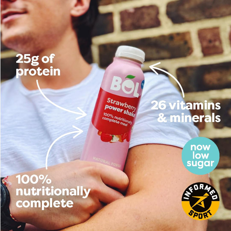 BOL Strawberry Power Shake - Ready-to-Drink Nutritionally Complete Meal (300Kcal) | 25g High Protein Shake | Low Sugar, High Fibre (9g), Plant-Based, Low Calorie Meal Replacement (410ml x 6 Bottles)