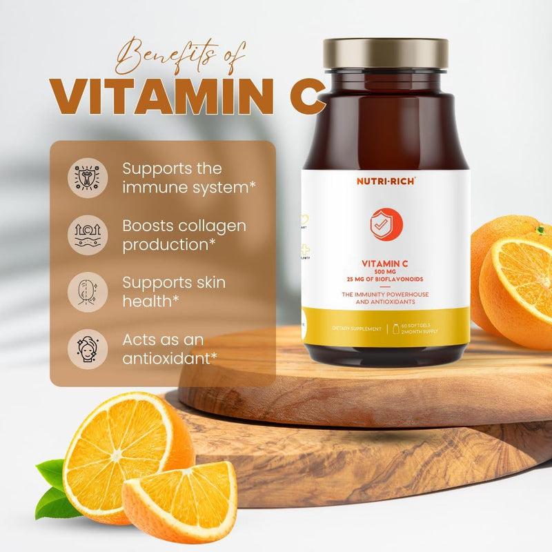 Vitamin C Supplement 500mg with 25mg Bioflavonoids, Ascorbic Acid–Immune, Antioxidant Support – No Soy, Gluten-Free, No Additives, Bioavailable Ingredients, Third-Party Tested (60 Softgels)
