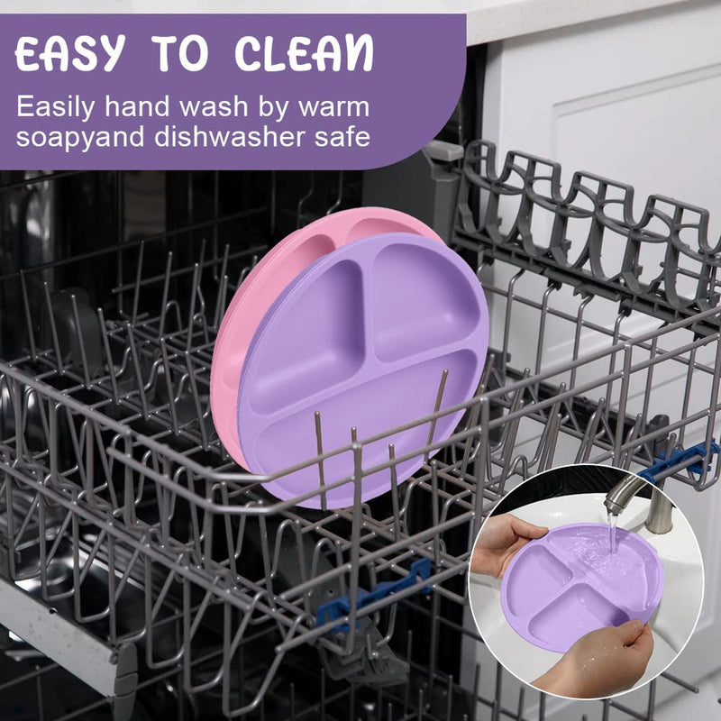 [Australia] - Vicloon Suction Plates, 2 Pcs Baby Toddler Plate Silicone, BPA Free Divided Plate, Divided Plate Design,Silicone Grip Dish Microwave & Dishwasher Safe pink & dark purple*2PCS 