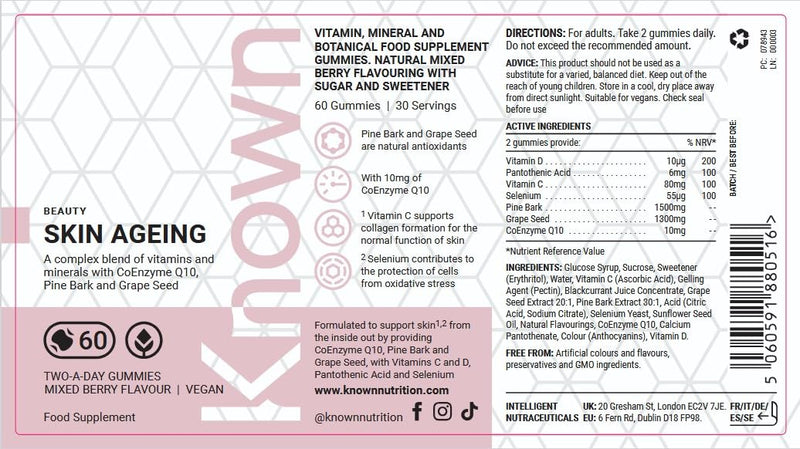 Known Tasty Skin Ageing Gummies - Vitamin C, Selenium - Supports Skin, Antioxidant - Natural Mixed Berry Flavour - 60 Vegan Gummies, 1 Month Supply