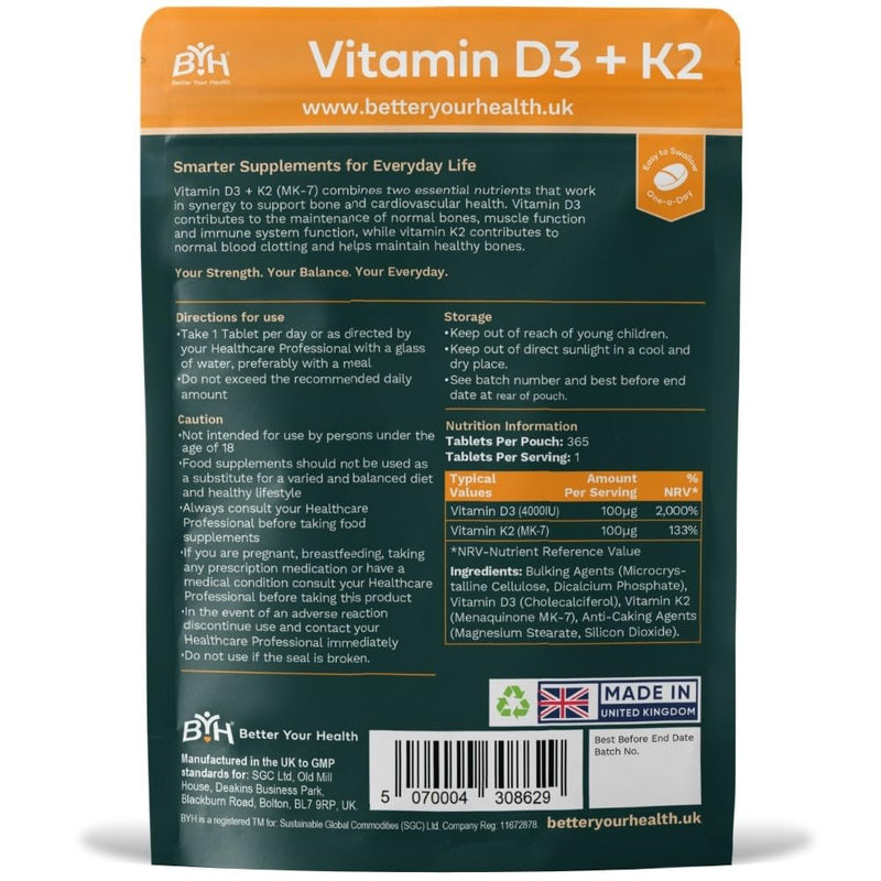 Vitamin D3 4000 IU + Vitamin K2 MK7 100μg High Strength Bone Health Immune Support Small Easy Swallow Tablets 365 Tablets Vegetarian 1 Year Supply UK Made Letterbox Friendly